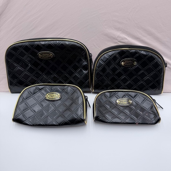 Original Paris Design Handbags - Original Paris Design 4 Piece Quilted Cosmetic Bag Set Black Gold Travel Pouches